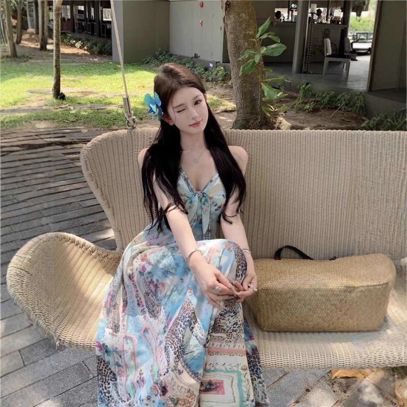 波西米亚风v领吊带连衣裙女夏季度假裙宽松长裙气质高腰大摆裙子|undefined