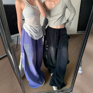 美式街头做旧字母印花弯刀裤女爵士舞裤宽松阔腿卫裤辣妹休闲长裤
