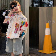 泰如2025夏季新款韩版男童百搭洋气时尚透气花衬衫儿童短袖上衣潮