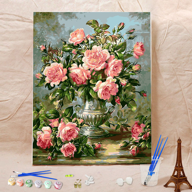 厂家批发40*50无框DIY数字油画手工绘客厅风景花卉装饰粉月季花