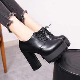 春季新款新品新款深口鞋防水台女鞋粗跟高跟鞋圆头系带单鞋女