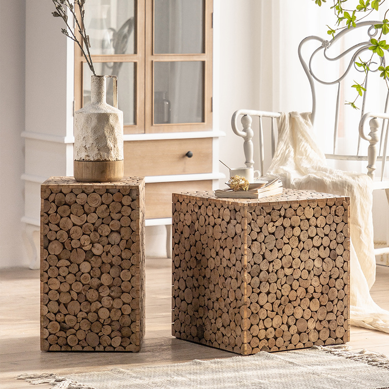 Square popular small side table, using low stool, light luxury solid wood corner table, inn living room home use, retro, distressed small tea table