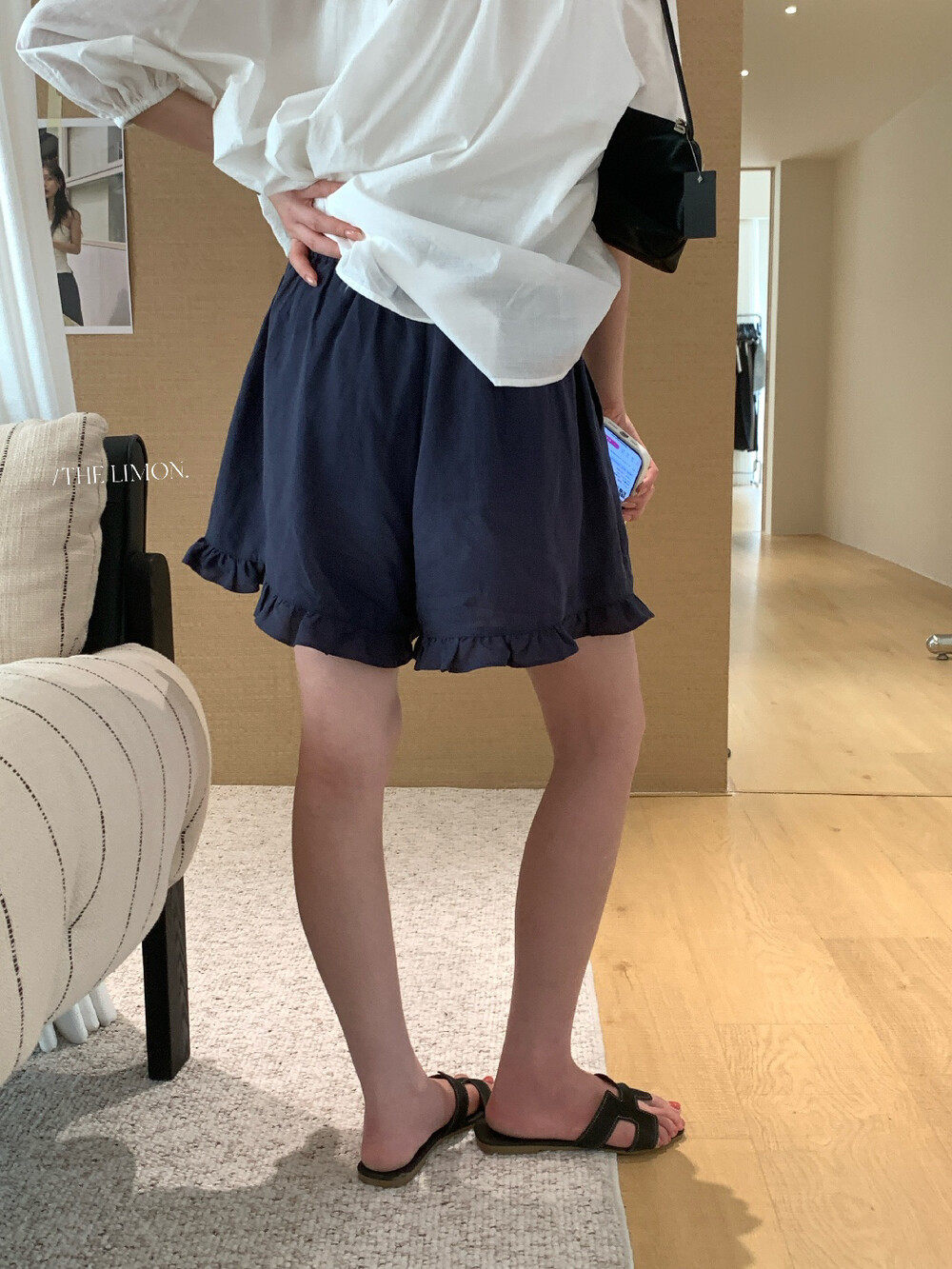 Quần short nữ cạp chun ống rộng chất liệu linen phối viền ren — màu sắc, xanh lam, Màu cà phê, màu hồng chi tiết 15