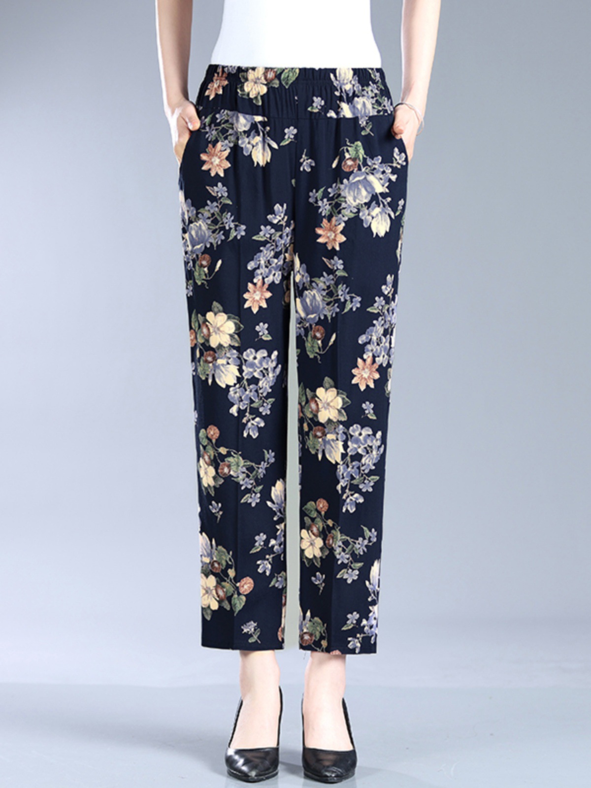 棉绸直筒裤中老年人女装夏高腰小脚裤奶奶民族风印花宽松妈妈装