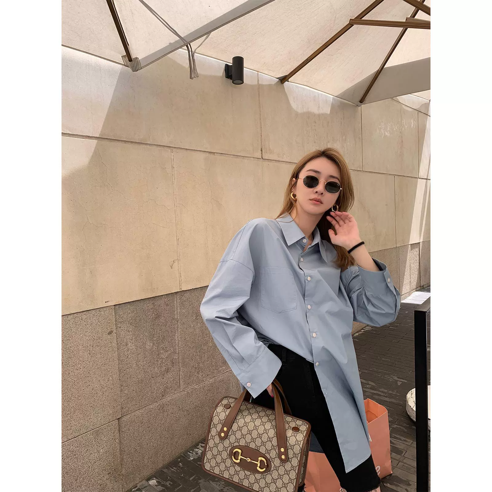 [Готовый запас] Синяя женская рубашка VC, новый дизайн с длинными рукавами на весну и осень, универсальная верхняя рубашка, стройнящая фигура