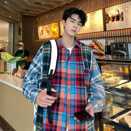 不规则撞色拼接格子衬衫男长袖春秋西海岸高级感vintage衬衣外套