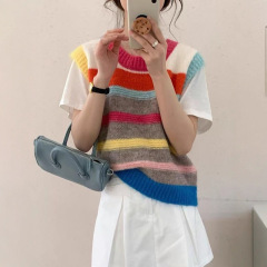 跨境款秋甜美多巴胺条纹圆领无袖针织马甲女宽松慵懒坎肩叠穿背心