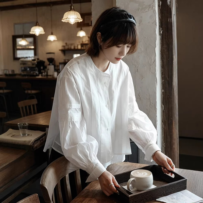 "White Drawing Studio" "26Ss French-Style Puff-Sleeved White Shirt Top for Women, Autumn French-Style Elegant Shirt "White Drawing Studio" "26Ss French-Style Puff-Sleeved White Shirt Top for Women, Autumn French-Style Elegant Shirt