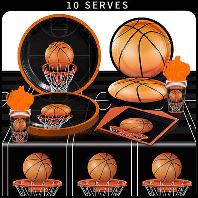 New Black Basketball Theme Party Disposable Tableware Paper Plates Paper Cups Paper Towels Plastic Tablecloth Knife Fork Spoon Straw