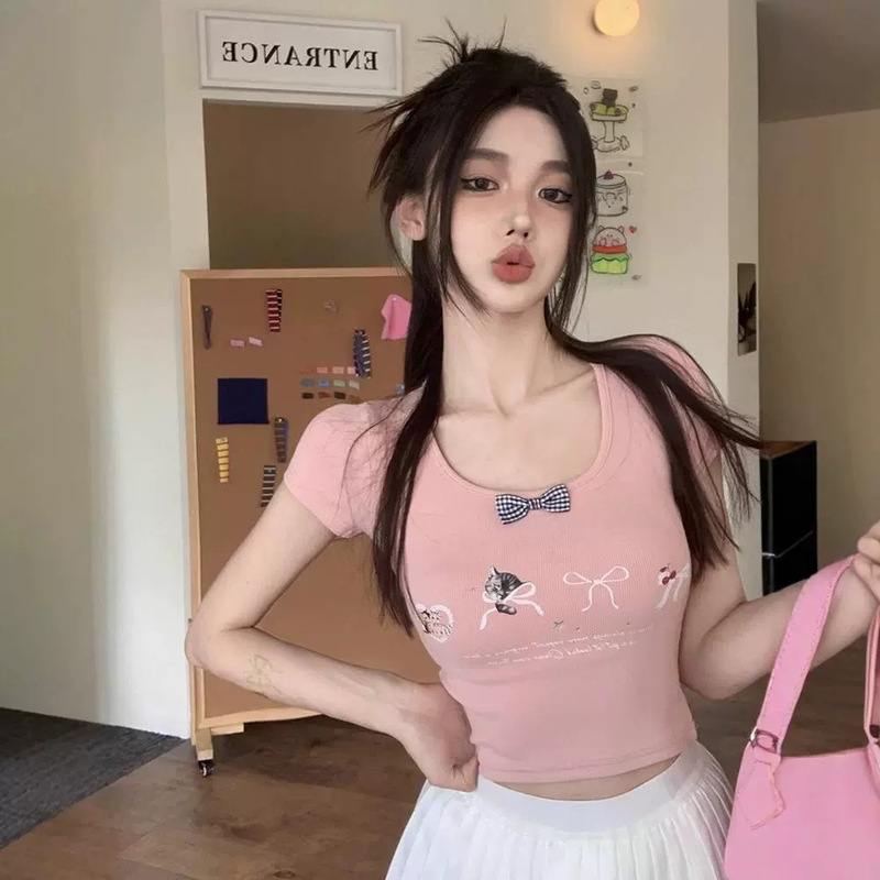 Pure Desire Spice Girl Cat Printed U-Neck Short-Sleeved T-Shirt Women's Summer Tight Bow Pink Sweet Slim Short Top Pure Desire Spice Girl Cat Printed U-Neck Short-Sleeved T-Shirt Women's Summer Tight Bow Pink Sweet Slim Short Top