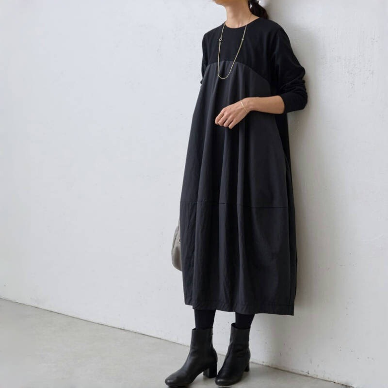Spring and Autumn New Style Japanese and Korean Style Lotte Round Neck Long Sleeve Knitted Splicing Mid-Length Dress Round Neck Long Sleeve