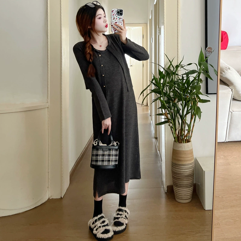 Autumn skirt for pregnant, knitted vest, sleevless dress, cardigan, set, internet celebrity