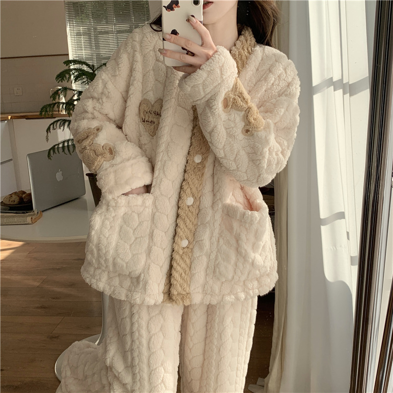 Pijamas de lana de coral para mujer de invierno de manga larga 2024 nueva franela engrosada y cálida primavera y otoño traje de servicio a domicilio