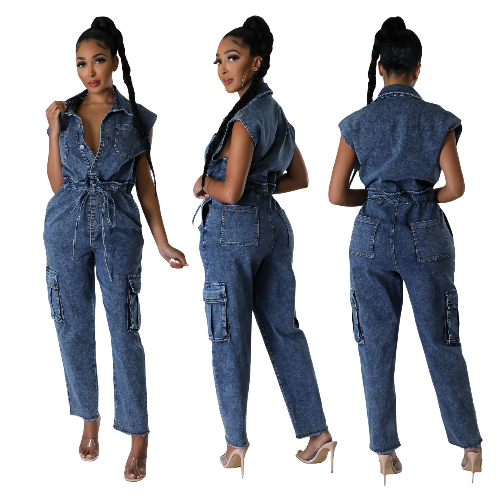 Women's Clothing 6983 tight waist slim elastic washed denim jumpsuit straight loose jumpsuit_voghion.com
