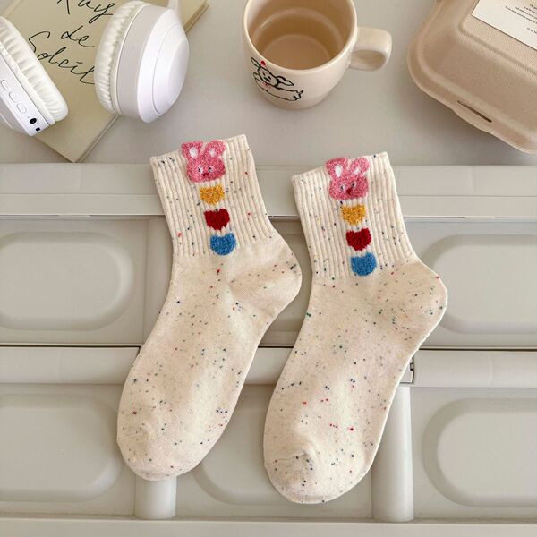 Cute Bunny Socks for Women, Pure Cotton, Spring and Summer Mid-Tube Cotton Socks, Dotted Yarn, Cartoon Personality Women's Socks, Zhuji Socks