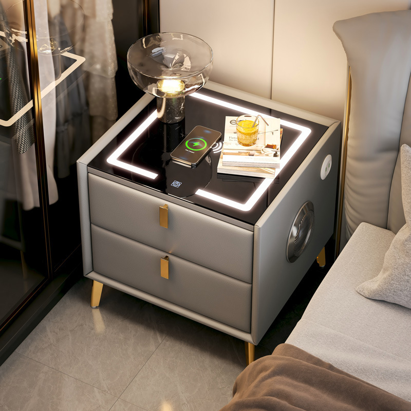 Mesita de noche inteligente, madera maciza simple moderna, lujo ligero, celebridad de Internet, carga inalámbrica simple, gabinete del dormitorio principal, hogar de lujo ligero