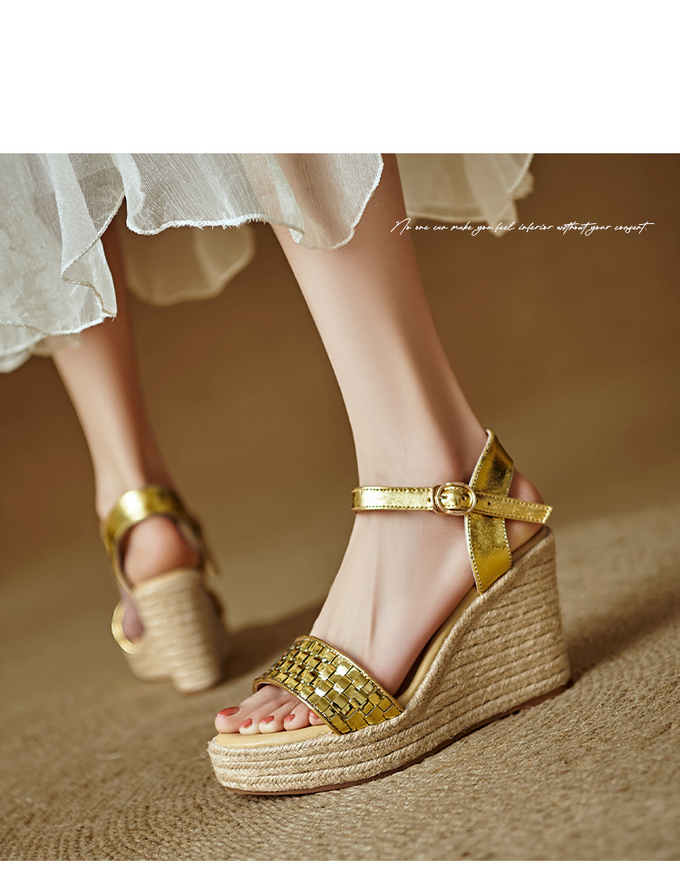 Sandal cao gót nữ quai ngang đan bện màu vàng bạc, đế xuồng đan rơm, gót 9 cm — màu vàng, bạc chi tiết 7