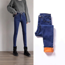 外贸加绒黑色牛仔铅笔裤女2025秋冬新款高腰显瘦加长高个子小脚裤