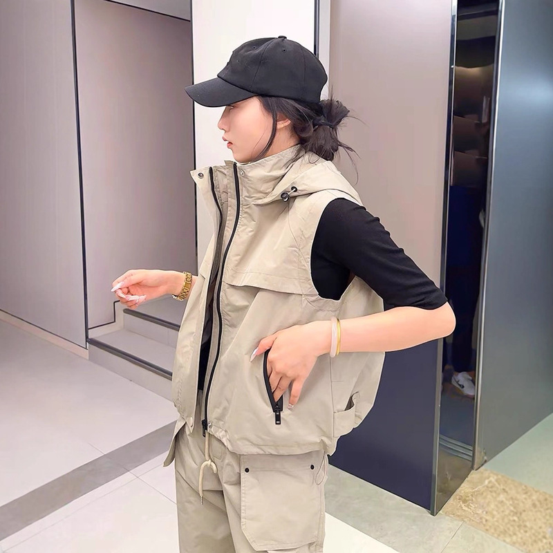 欧货工装马甲外套女款春秋新款小个子连帽休闲马夹背心时尚坎肩潮|undefined