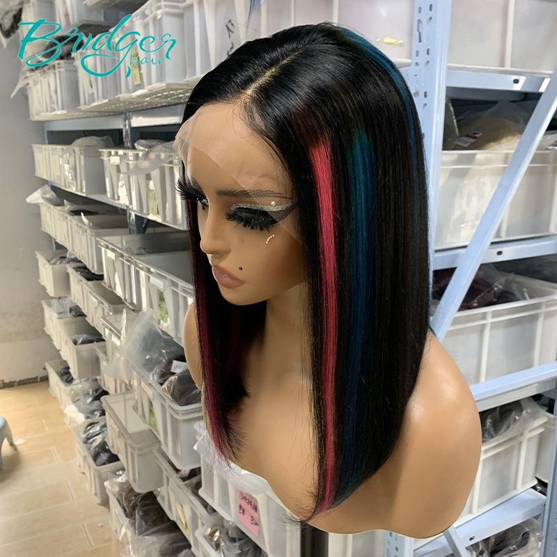 Factory Highlight Blue Rose Red 13*4 pizzo frontale BOB parrucca di capelli veri parrucca di capelli umani_voghion.com