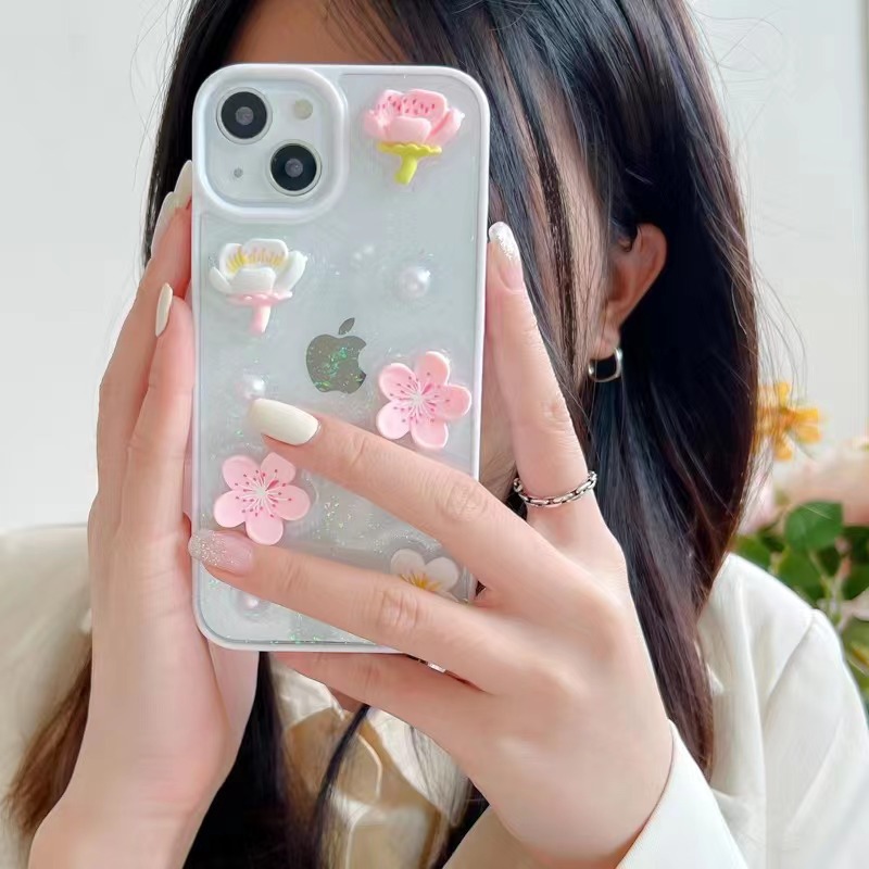 新款闪粉珍珠小花iPhone14手机壳适用苹果13/12Pro/11透明保护套