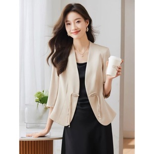 Chinese-Style Blazer with Three-Quarter Sleeves, Two-Piece Set, New Chinese-Style Button-Up Top for Women, Thin Acetate Satin Small Suit