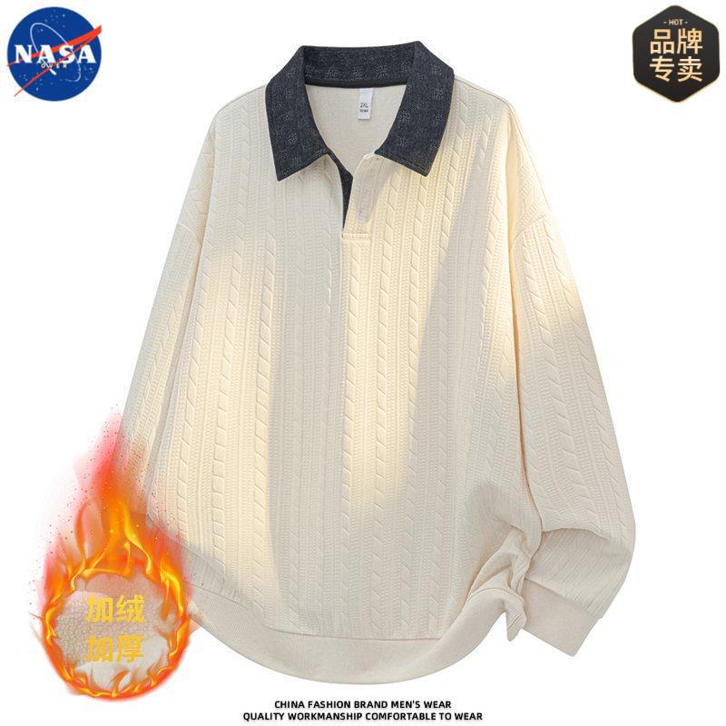 Nasa Brand Autumn and Winter Large Size Men's Jacquard Lapel Sweatshirt Long-Sleeved Fleece-Lined Warm Casual Fake Two-Piece Top