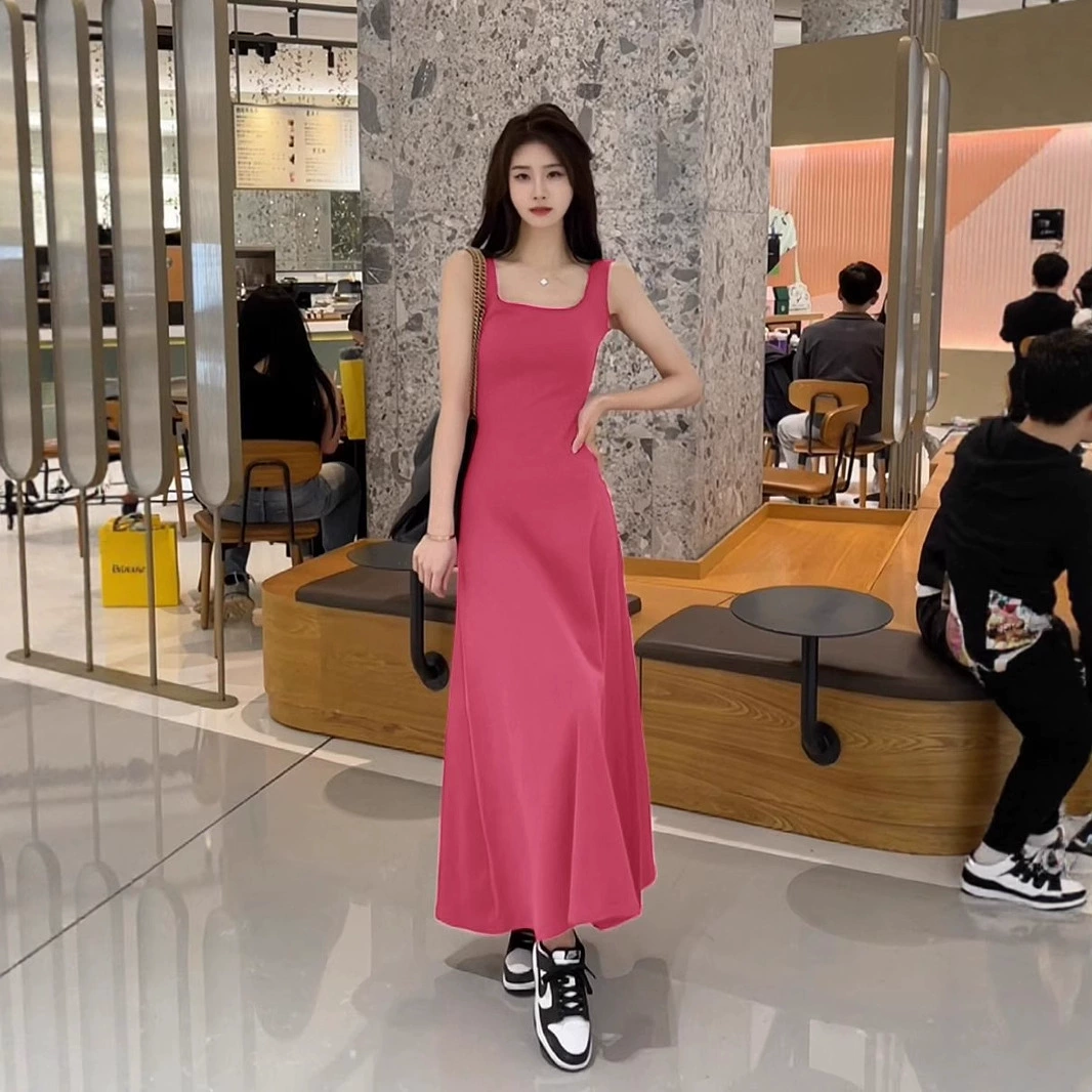 Розовое платье 2025, новый летний стиль, утягивающее талию, повседневное спортивное трикотажное нижнее белье, длинная юбка на подтяжках