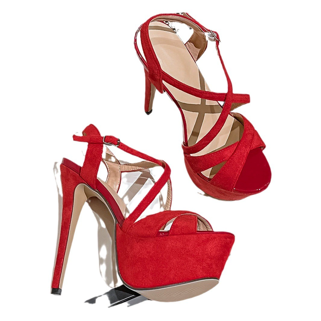 Трансграничная Внешняя торговля Туфли на высоком каблуке Красные плюшевые шпильки Сексуальные европейские и американские Водонепроницаемые босоножки на высоком каблуке с перекрестными ремешками для женщин