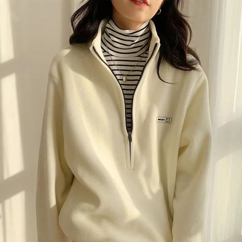 Women's Spring 2025 Padded and Thickened Hooded Sweatshirt, Loose Stand Collar Top, Versatile Casual Half-Zip Jacket