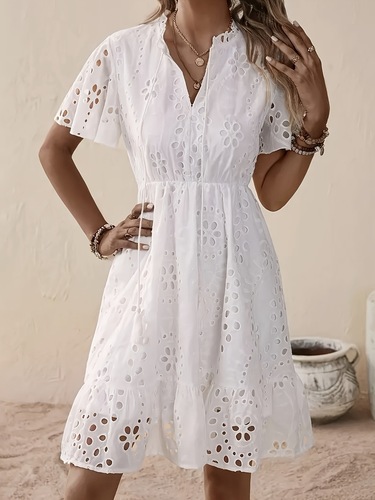Elegant white V-neck lace embroidery summer dress for ladies, featuring butterfly sleeves and flared hem - semi-transparent