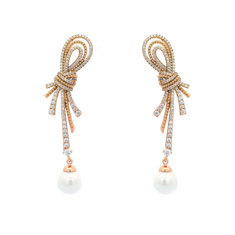 Xuping joyas perlas incrustadas con diamantes pendientes de zircón pendientes de nudo largo diseño creativo pendientes ligeros de lujo al por mayor
