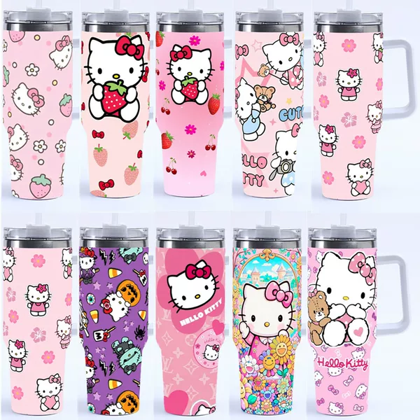 Cross-border hello kitty 40OZ water cup stainless steel insulation cold car cup with handle car ice cup
