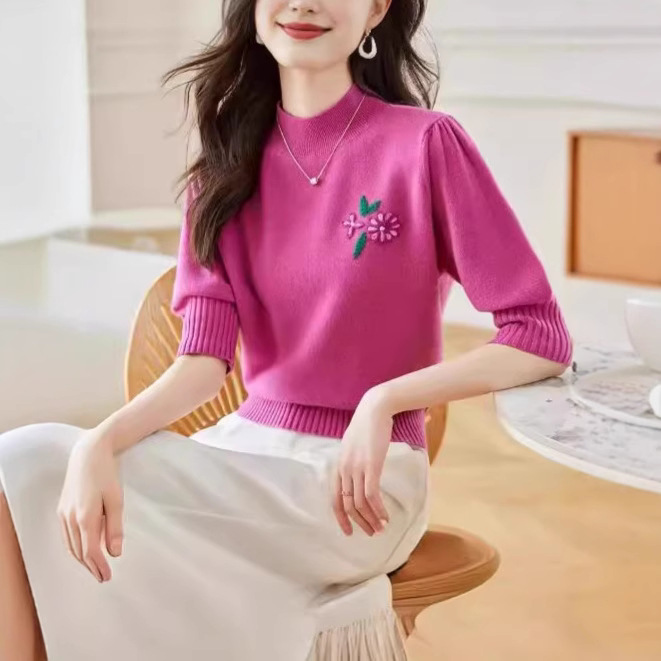 绣花半高领毛衫女早春装韩版薄款中袖针织t恤泡泡袖上衣软糯绒衫