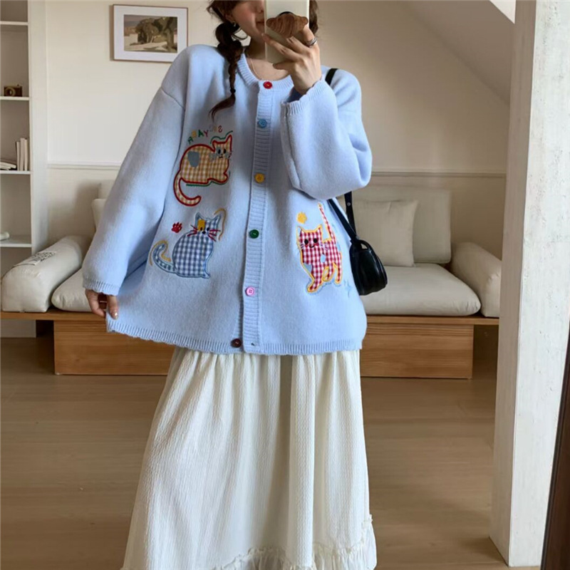 学院风减龄重工刺绣卡通针织开衫秋冬新款设计感小众宽松毛衣外套|undefined