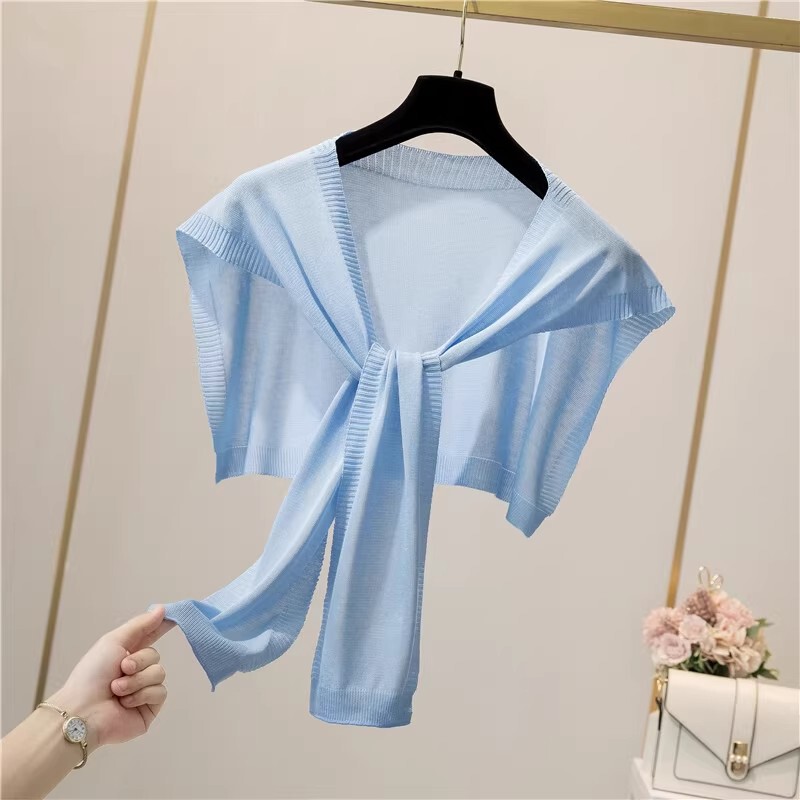 Spring and Autumn Thin Ice Silk Knitted Shawl Shirt T-Shirt Outer Knotted Waistcoat Summer Casual Neck Protector Neck Shoulder