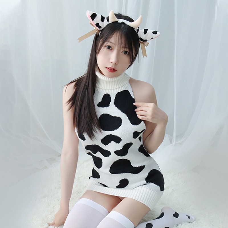 Japonés chica vaca impresión lencería sexy Falda corta de cuello alto sin respaldo suéter sexy pijamas privados