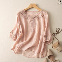 中国风棉麻上衣女高端复古宽松大码刺绣T恤夏季薄款短袖衬衫工厂