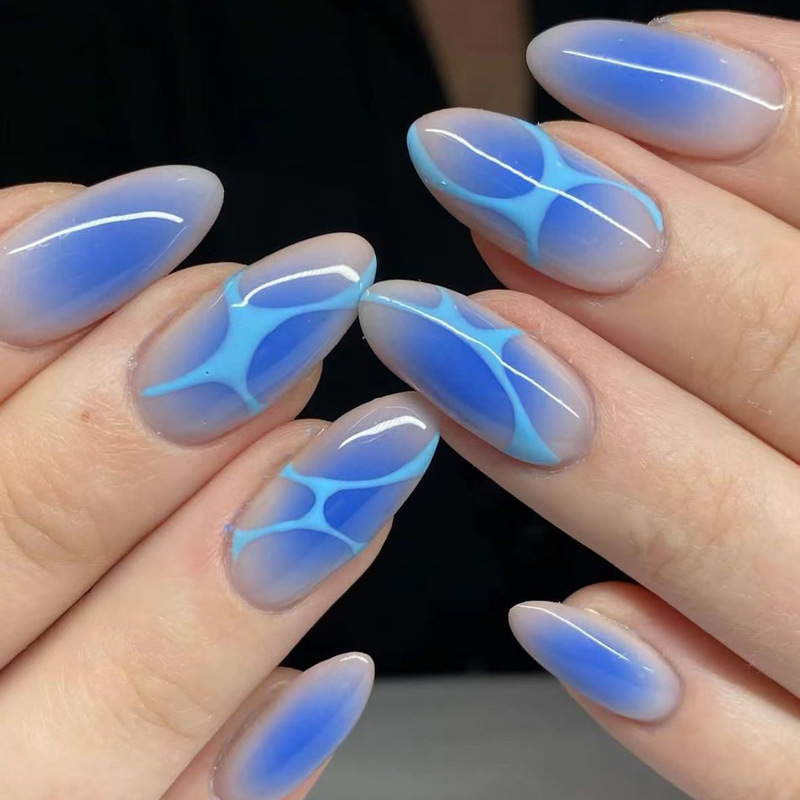Cross-Border Foreign Trade Summer Wave Manicure Simple and Versatile White Semi-Circle Blue Gradient Nail Wholesale Ocean Style