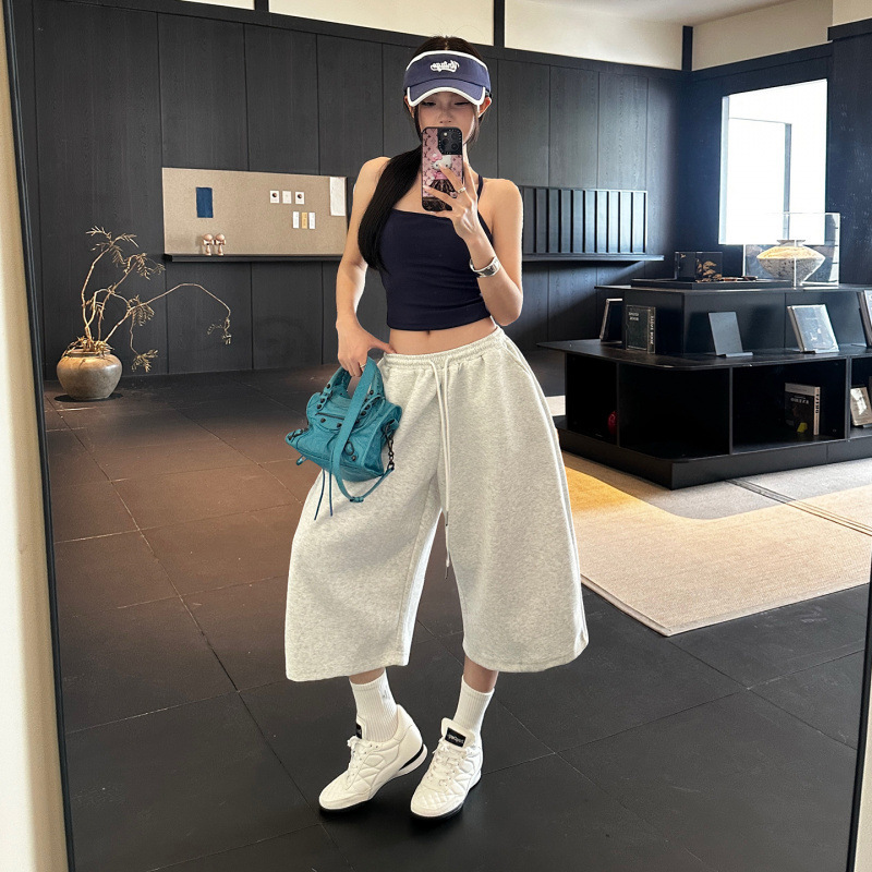 Yc&3 Color American Retro Drawstring Loose Wide-Leg Pants, Lazy and Versatile Elastic Waist Cropped Pants, Summer Casual Pants for Women