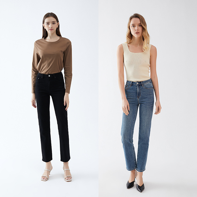 Special Offer: Ac High-Waisted Simple Straight-Leg Pants, Slimming and Height-Enhancing, Stretchy Denim Long Pants for Women, Available in Black and Blue, Dropshipping