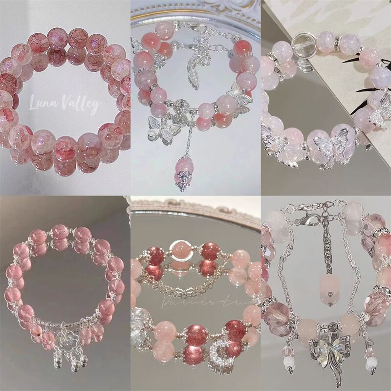 Peach Bow Bracelet for Women Ins Sweet Super White Peach Pink Butterfly Beaded Bracelet Student Bestie Gift Peach Bow Bracelet for Women Ins Sweet Super White Peach Pink Butterfly Beaded Bracelet Student Bestie Gift
