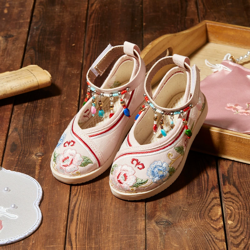 Детские туфли-ханфу на-slip-on D3680, вышивка цветочная, ремешок вокруг щиколотки, 15,2–23 см
