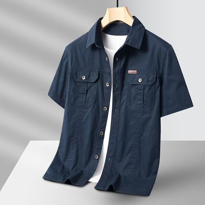 Men's Casual Loose Short-sleeved Shirt New plus size Solid Color Young and Middle-aged Shirt Summer Workwear Pocket
