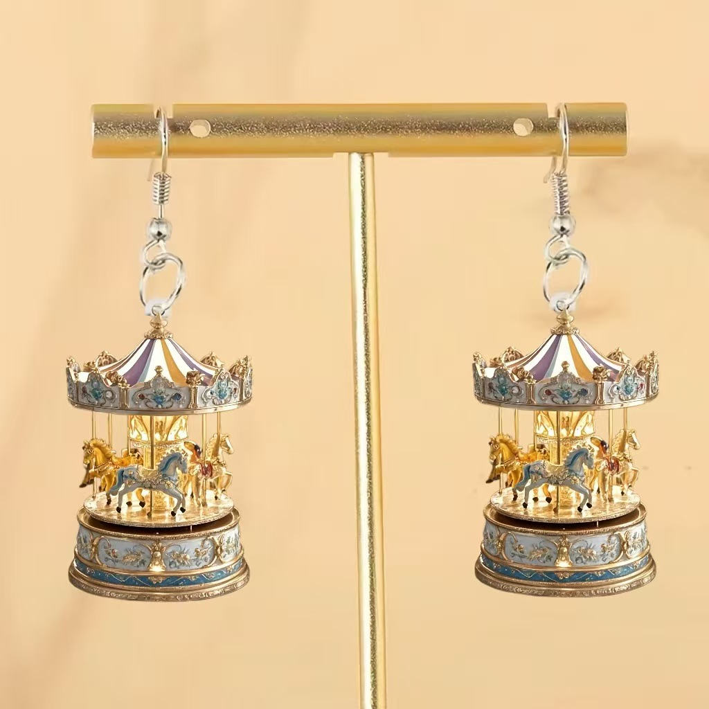 [Valentine's Day Earrings] Cross-Border Hot-Selling Crystal Carousel 2D Acrylic Earrings Romantic Small Gift Earrings
