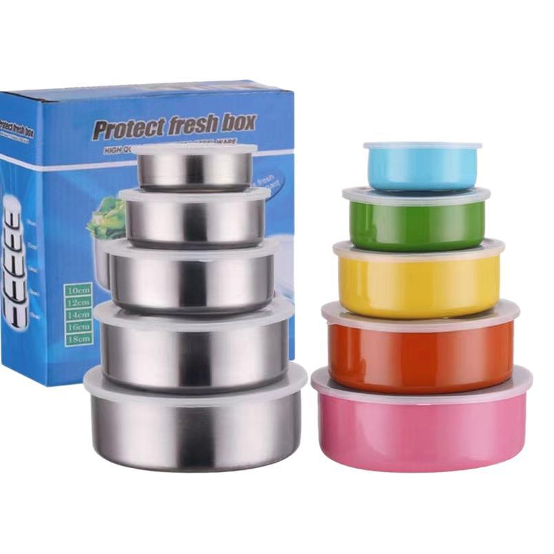 Juego de cinco piezas de caja de conservación fresca de acero inoxidable, refrigerador de cocina, tazón de conservación fresca, juego de tazón de hielo, lonchera de almacenamiento de alimentos