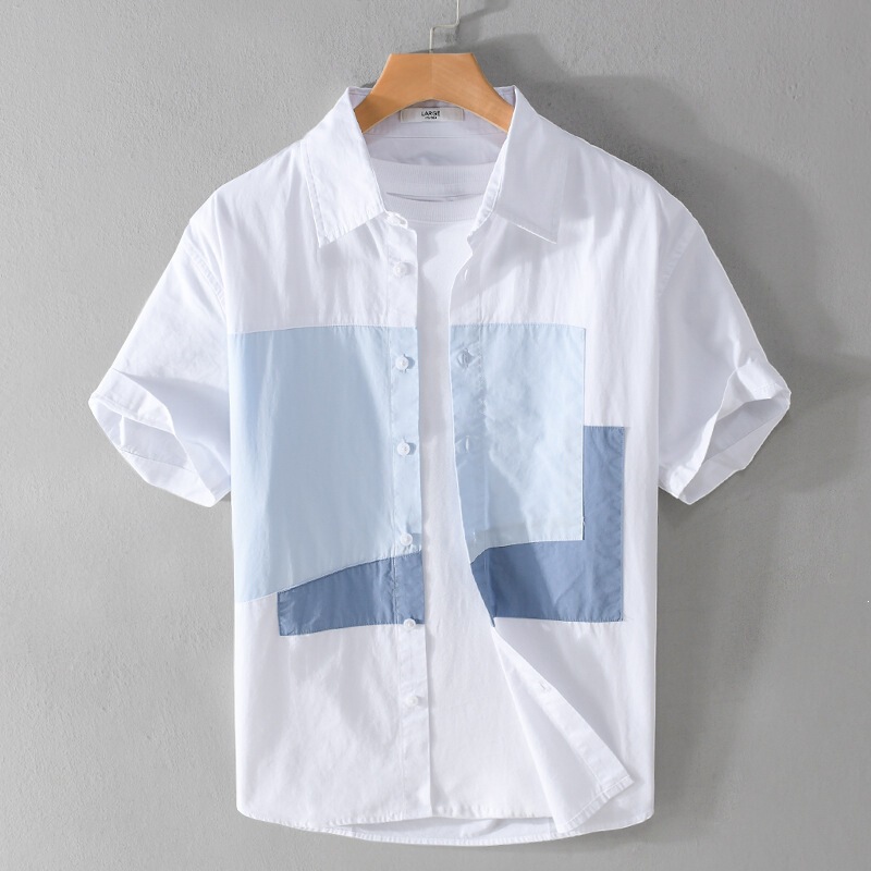 Japanese-Style Color-Block Short-Sleeve Shirt for Men, Summer Casual Top, Trendy Loose-Fitting Half-Sleeve Pure Cotton Shirt, Thin Japanese-Style Color-Block Short-Sleeve Shirt for Men, Summer Casual Top, Trendy Loose-Fitting Half-Sleeve Pure Cotton Shirt, Thin