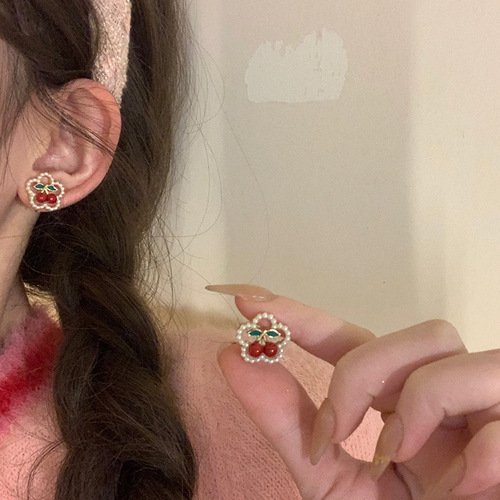 S925 Silver Pin Red Cherry Pearl Earrings for Women, Japanese Style, Fresh, Cute, Sweet, Unique Design, Wholesale Earrings