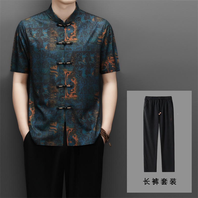 Tang suit men's two-piece set, Chinese style print, summer, middle-aged and elderly, Chinese-style button-down short-sleeved trousers, grandfather casual suit