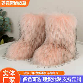 人造毛雪地靴冬新款辣妹套筒加厚仿貉子毛狐狸毛平跟毛茸中筒靴